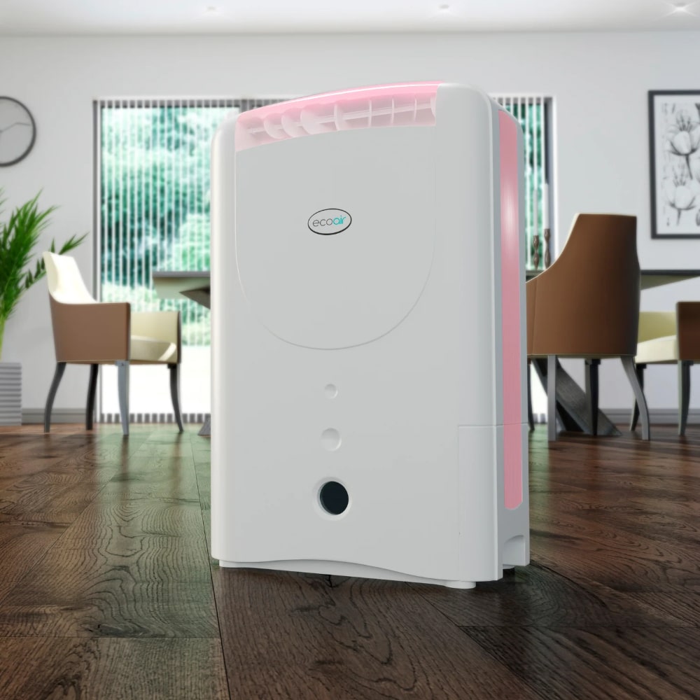 EcoAir DD1 Simple MK3 Air Dehumidifier Desiccant 7.5LDay Pink in Living Room - Aerify