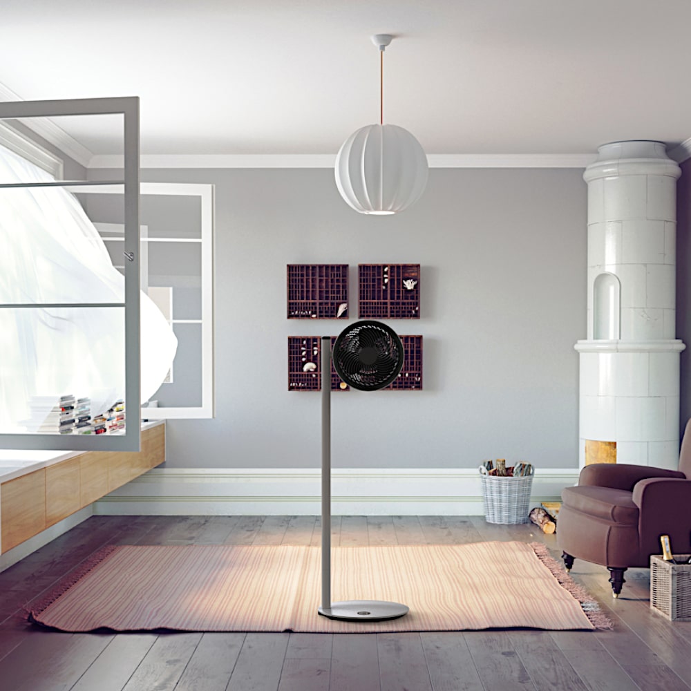 Boneco F235 Pedestal Air Shower Fan With Bluetooth In Middle Of Living Room - Aerify