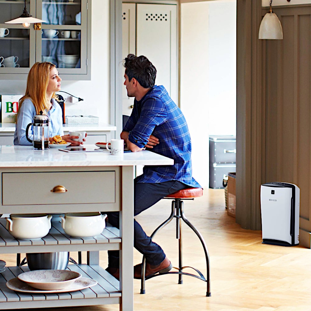 Boneco P340 Room Air Purifier In Kitchen With Couple - Aerify