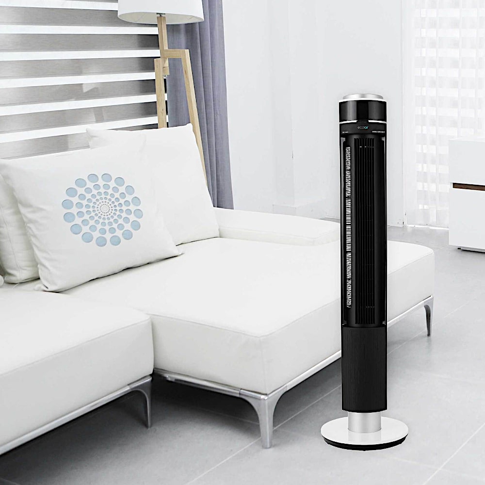 EcoAir Halo Low Energy DC Tower Fan In Living Room - Aerify