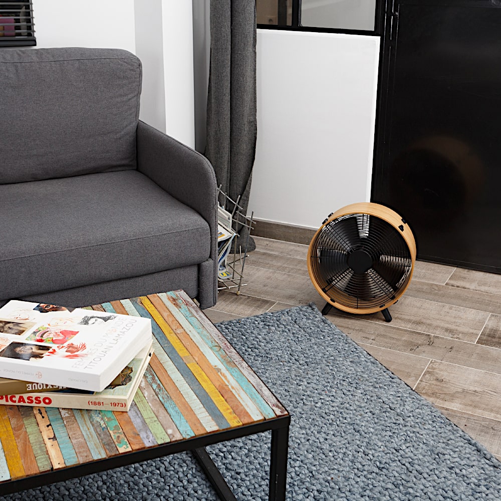 Stadler Form Otto Bamboo Floor Fan In Living Room On Carpert - Aerify