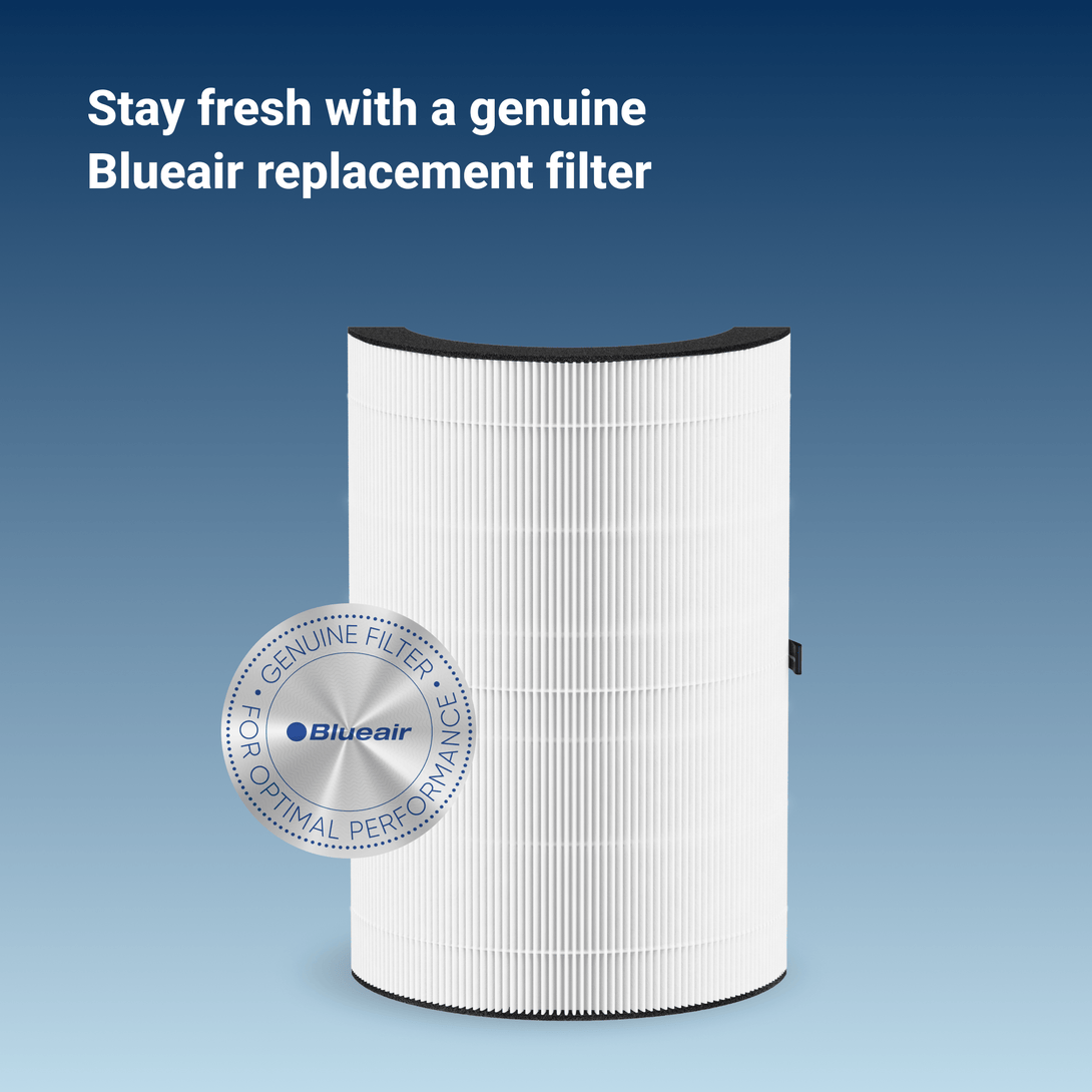 Blueair replacement filter with a blue background and text promoting a genuine Blueair filter.