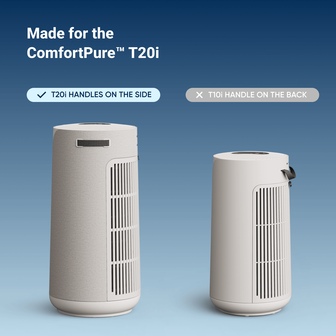 Two cylindrical air purifiers with text indicating features for the ComfortPure T20i model.