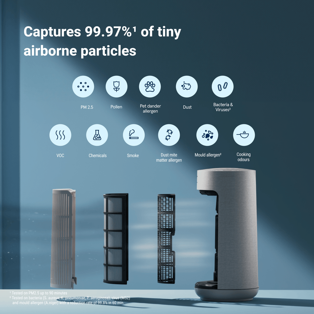 Air purifier with filter components and text about capturing airborne particles on a blue background