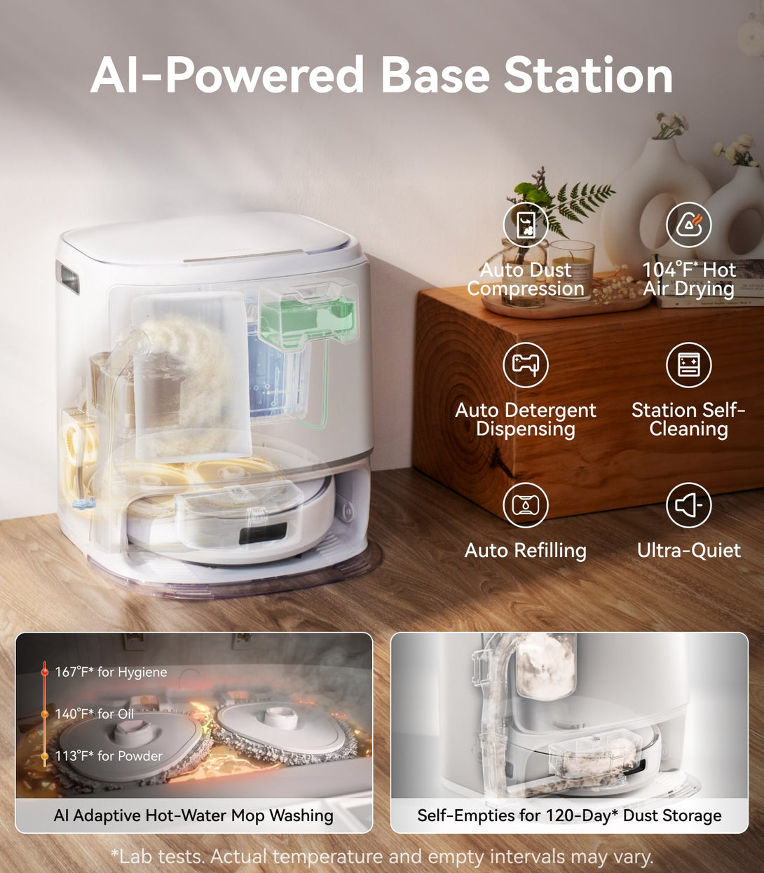 AI-Powered Base Station with features listed on a wooden floor.