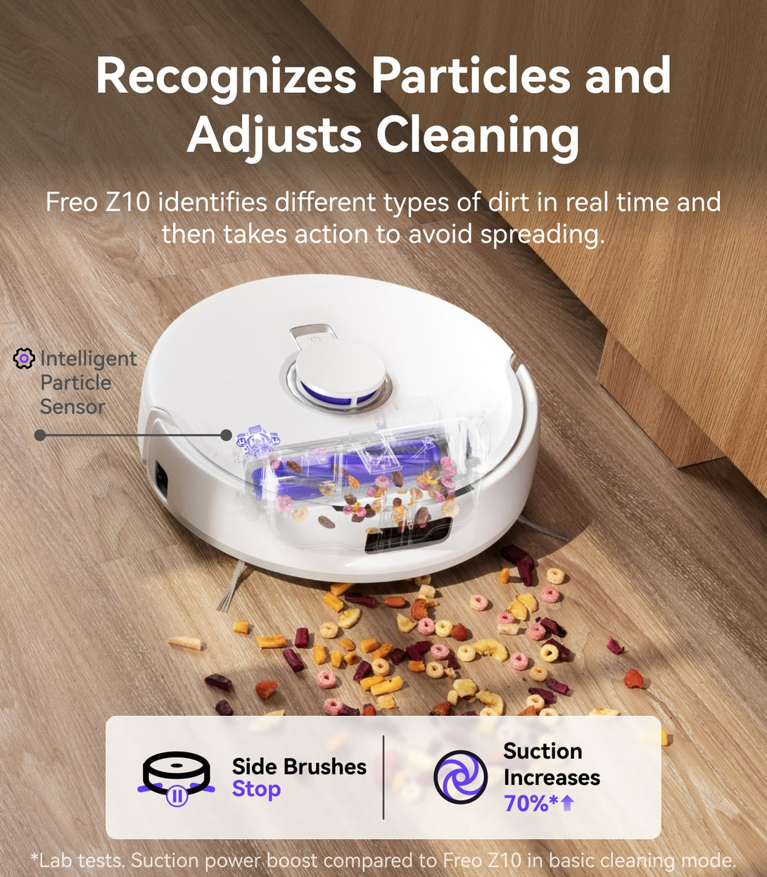 Robotic vacuum cleaner on a wooden floor with text highlighting its particle recognition and cleaning capabilities.