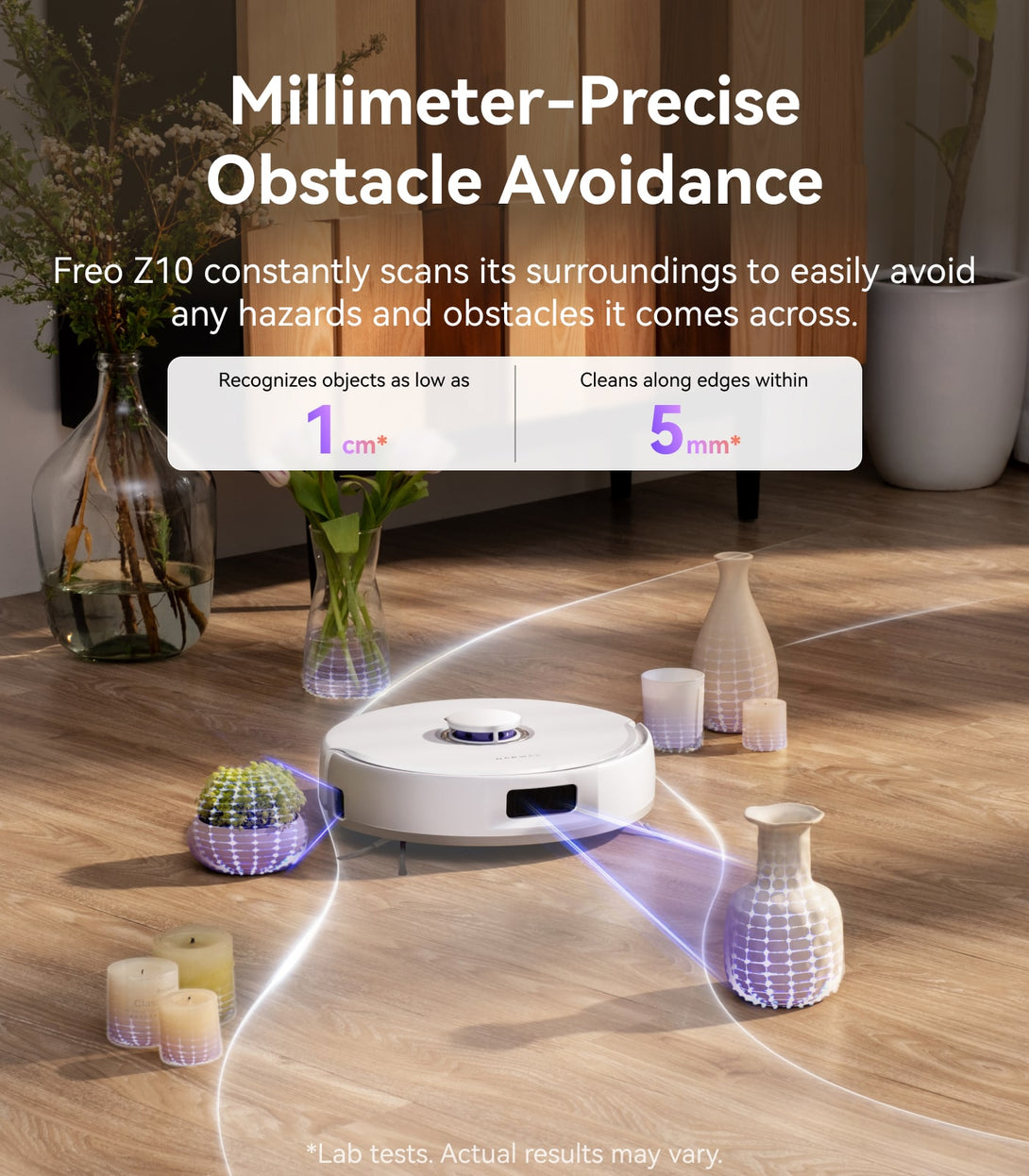 Robot vacuum cleaning a room with text about millimeter-precise obstacle avoidance.