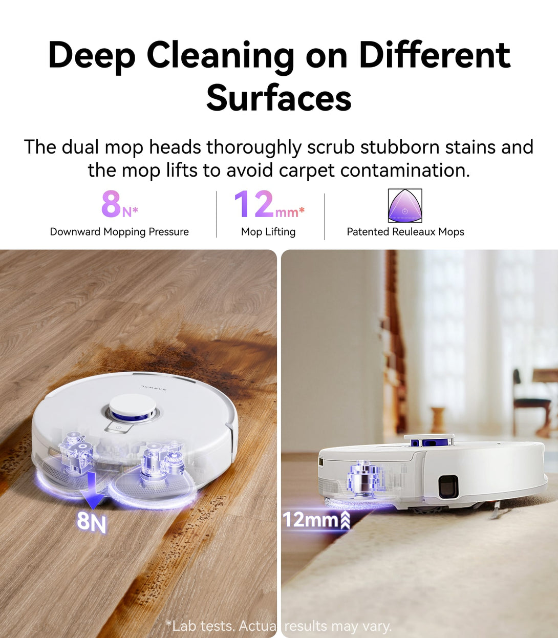 Robotic vacuum cleaner with dual mop heads cleaning different surfaces.