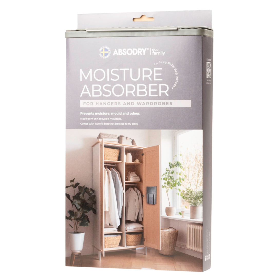 AbsorDry moisture absorber packaging with a wardrobe background