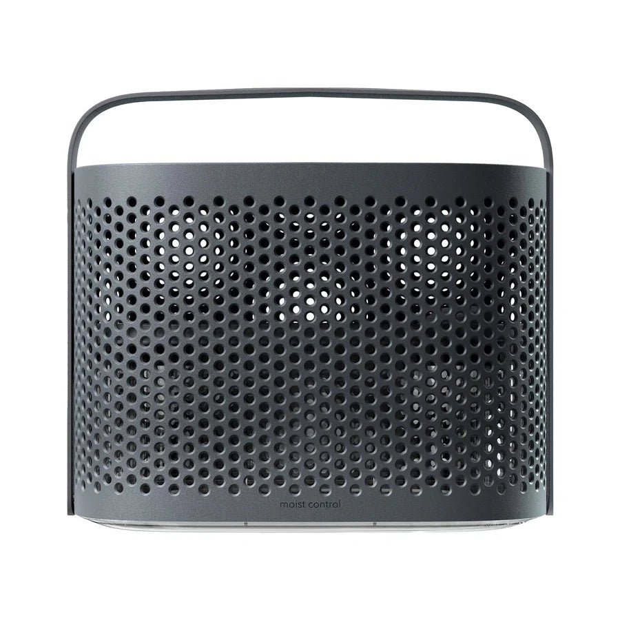 Gray perforated container with a handle on a white background