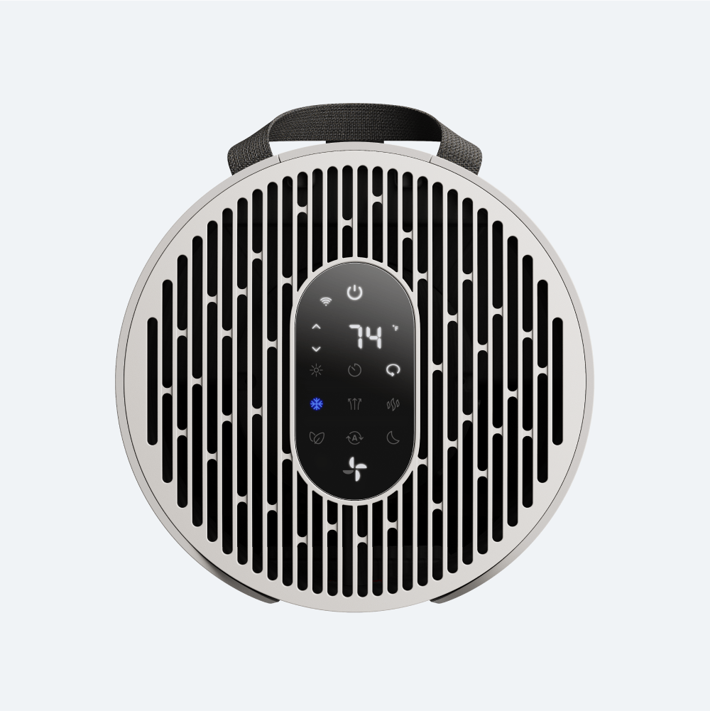 Round air purifier with digital display on a light gray background