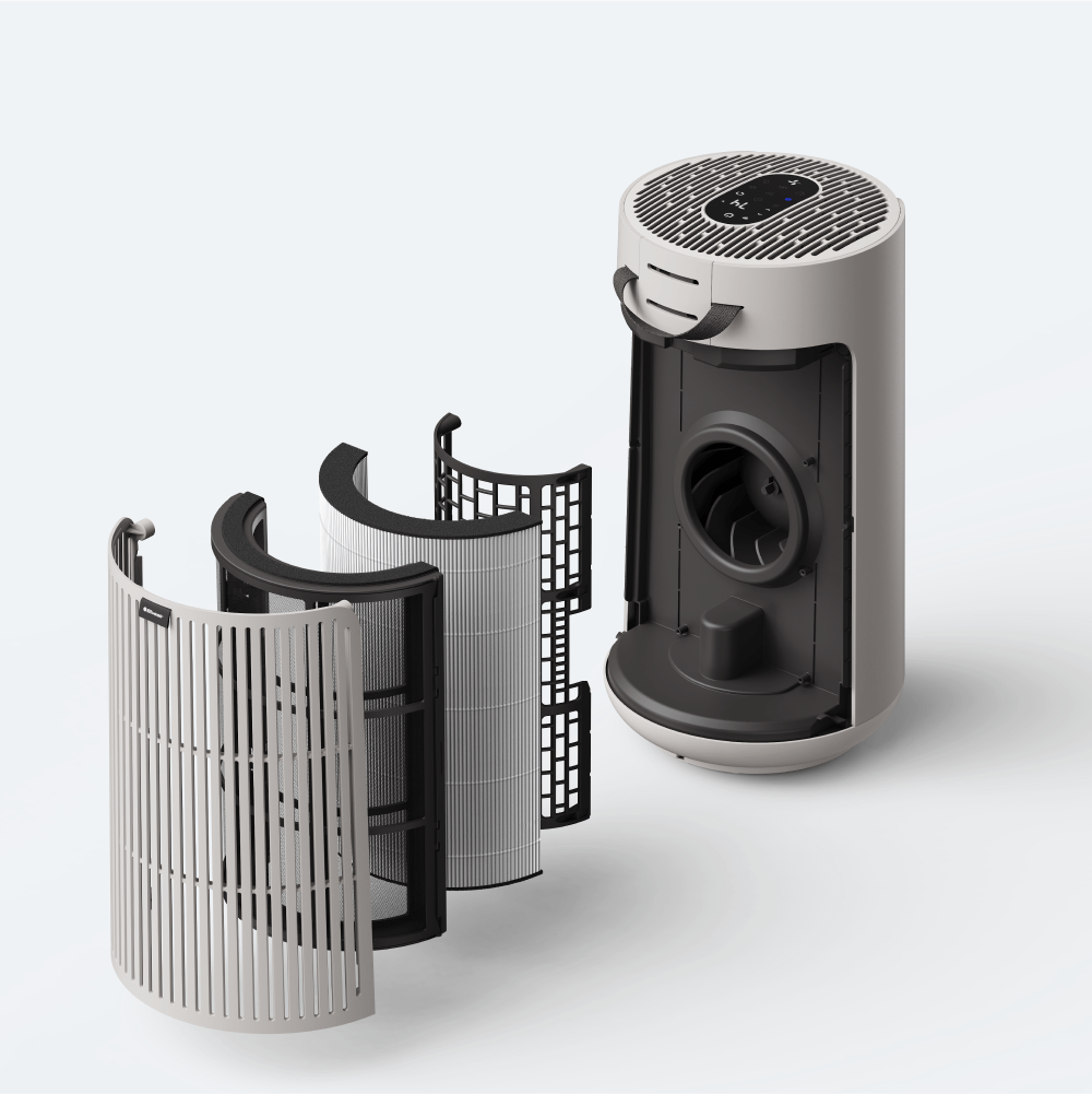 Gray and black cylindrical product with a textured design on a white background