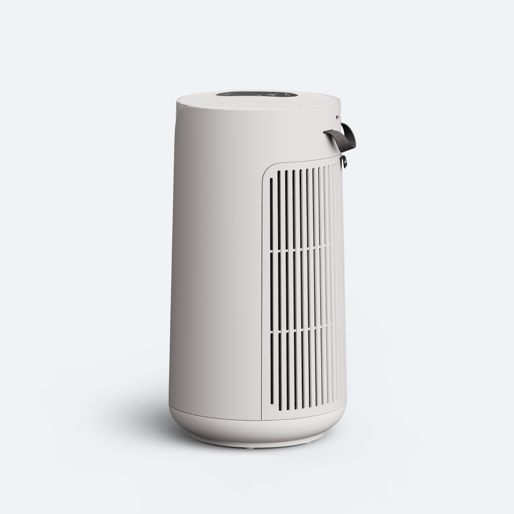 White cylindrical air purifier on a light gray background