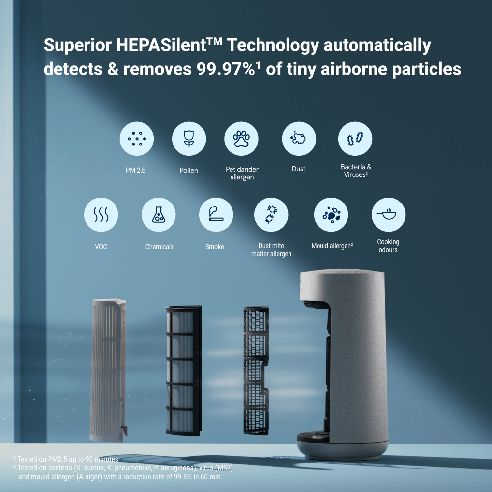 Air purifier with HEPA filter technology on a blue background