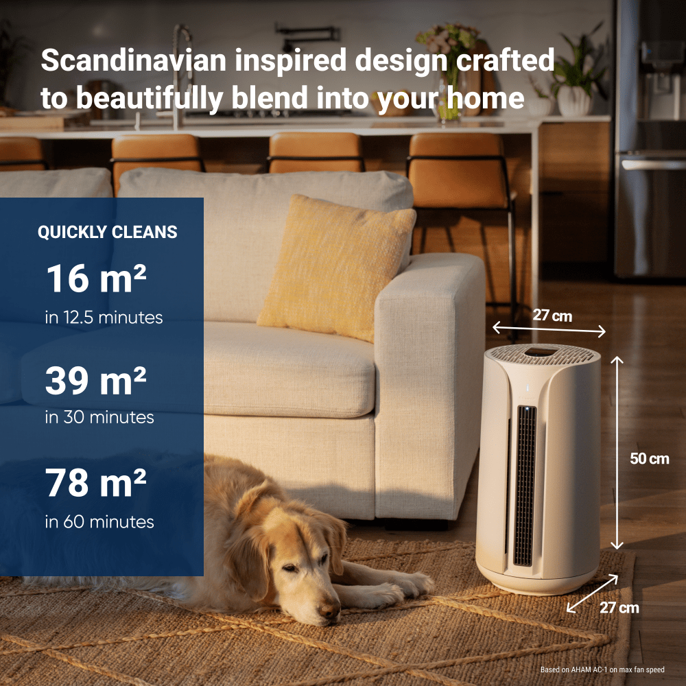 Air purifier in a living room with a dog, text about cleaning area, dimensions, and Scandinavian design.