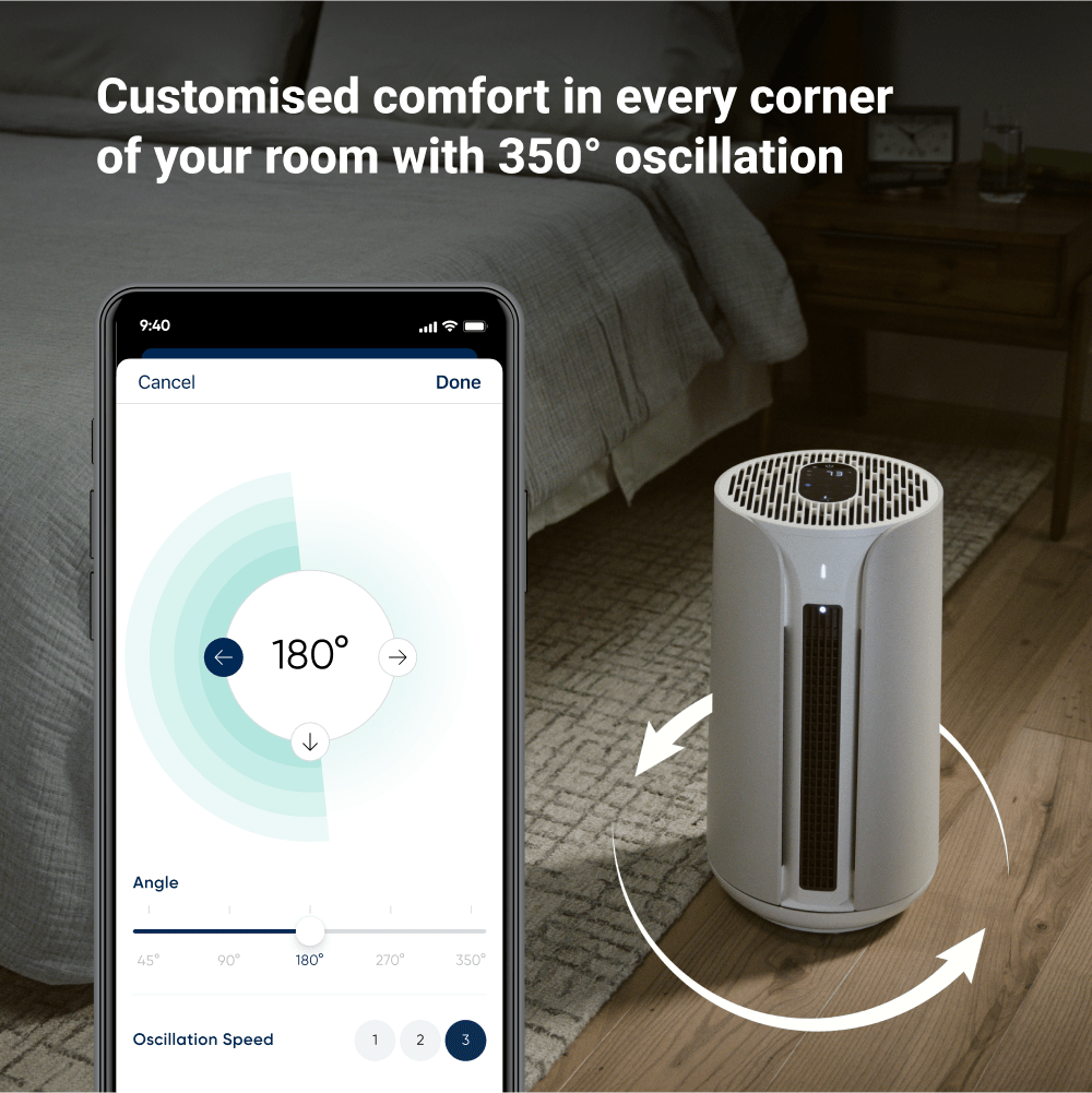 Air purifier with smartphone app interface showing oscillation control in a bedroom setting.