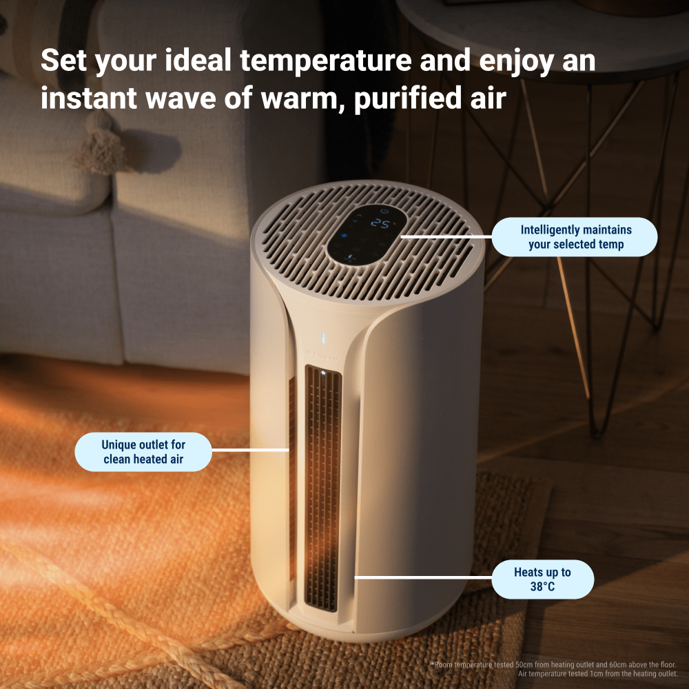 Heating device with text describing its features in a living room setting