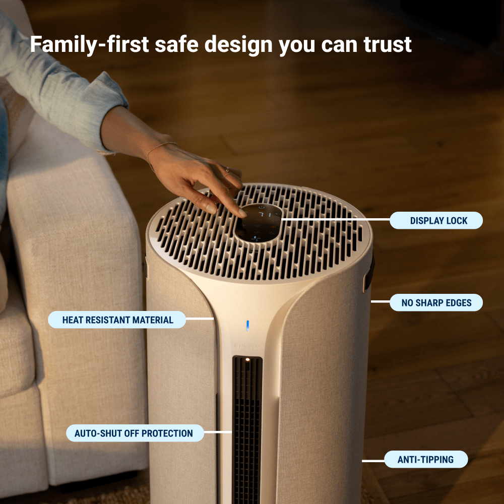 Air purifier on a wooden floor with safety features highlighted