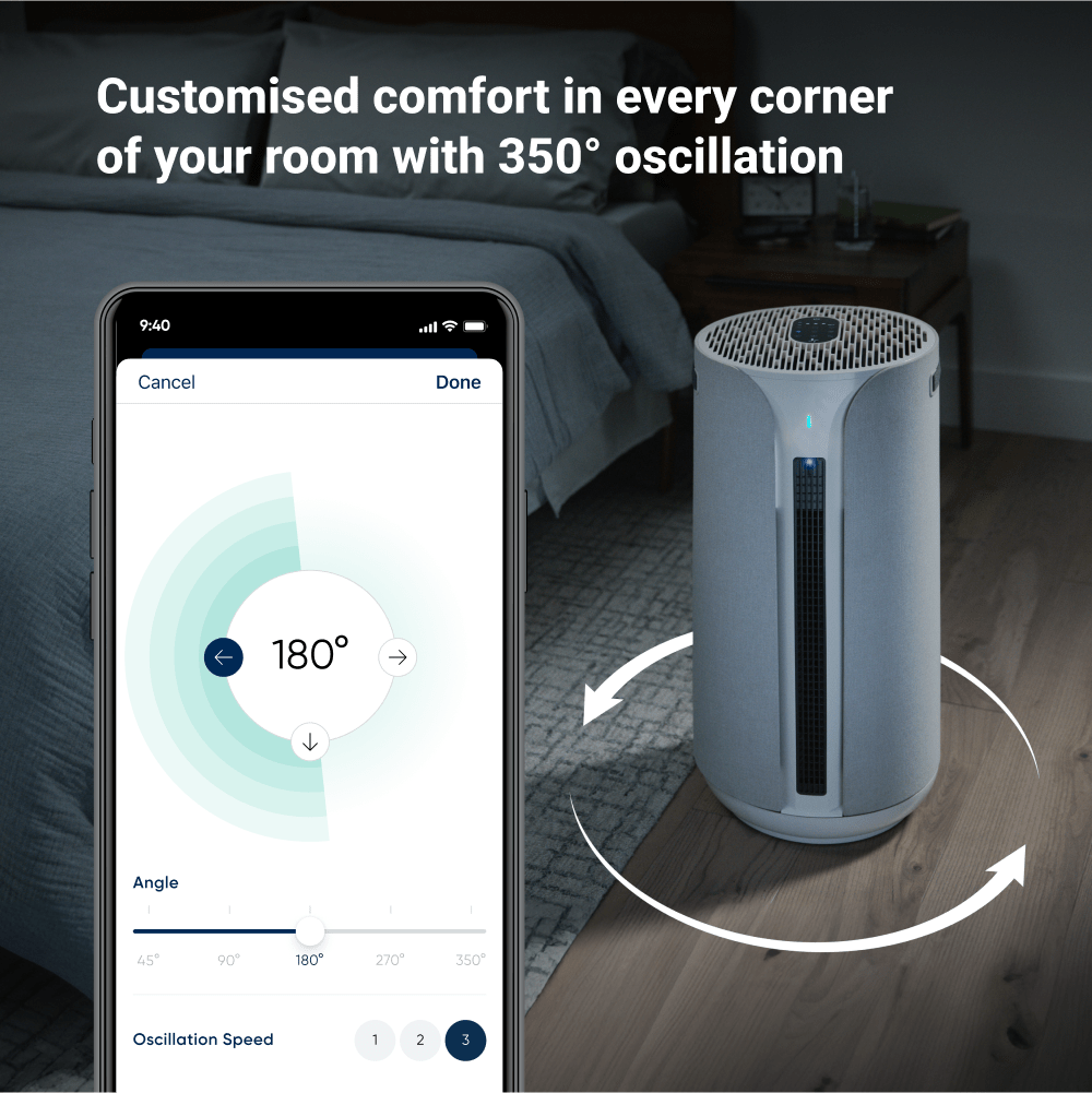 Air purifier with smartphone app interface showing oscillation control in a bedroom setting.