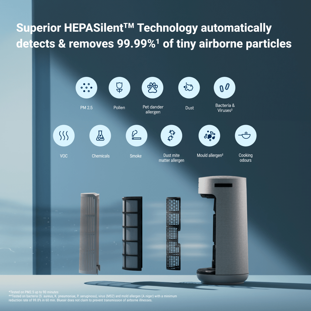 Air purifier with HEPA filter technology on a blue background