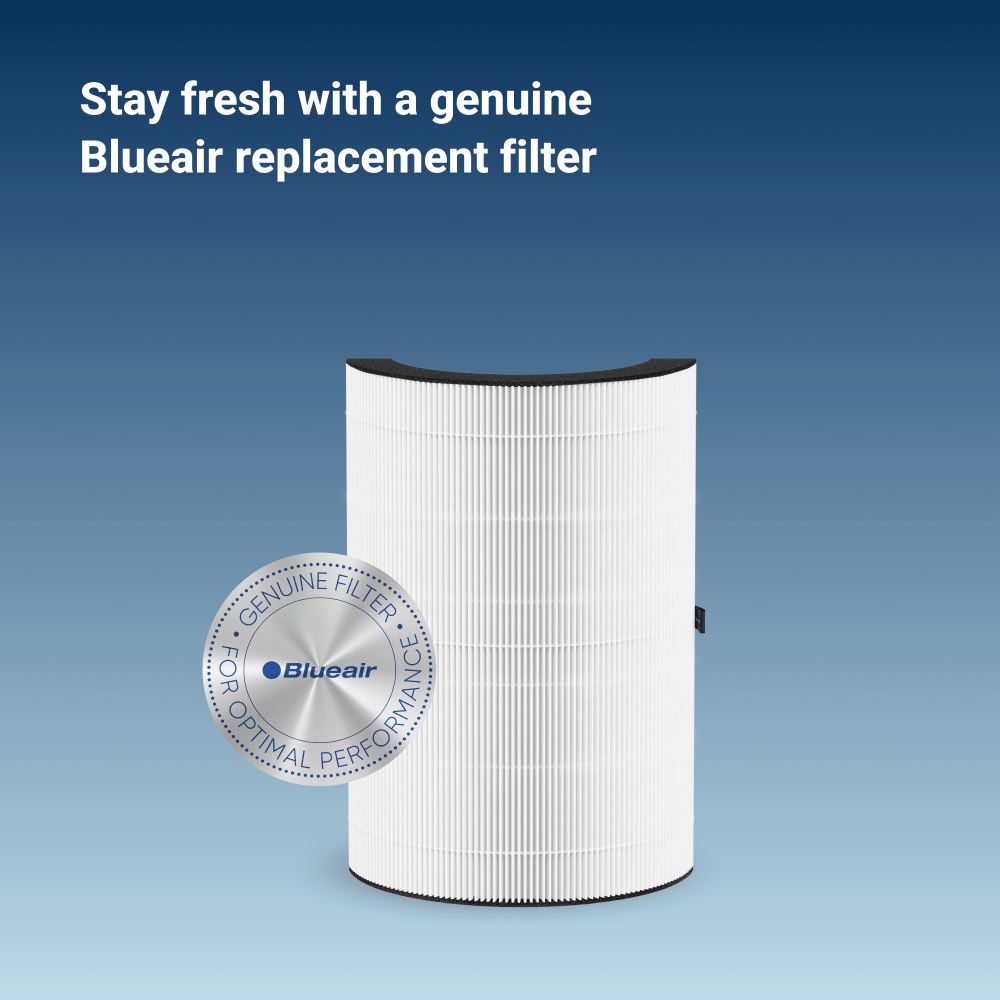 Blueair replacement filter with branding on a blue background