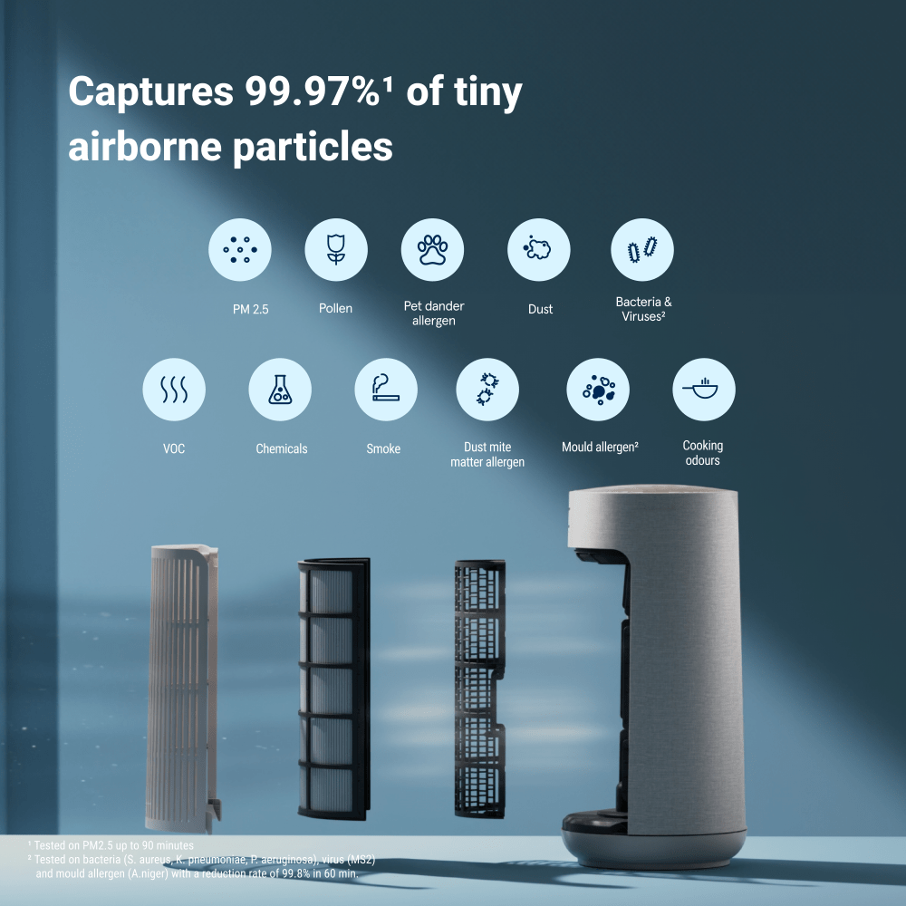 Air purifier with filtration technology features on a blue background