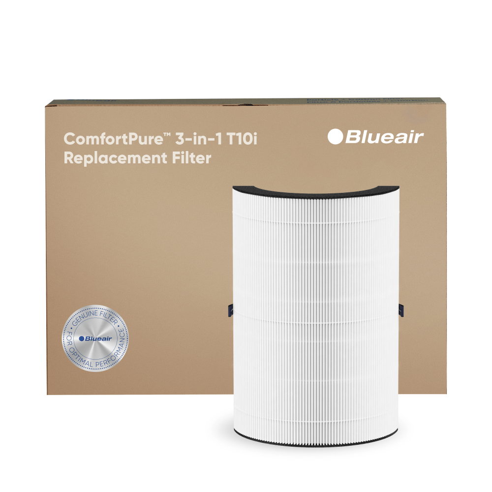 Blueair air filter with packaging labeled 'ComfortPure 3-in-1 T101 Replacement Filter'.