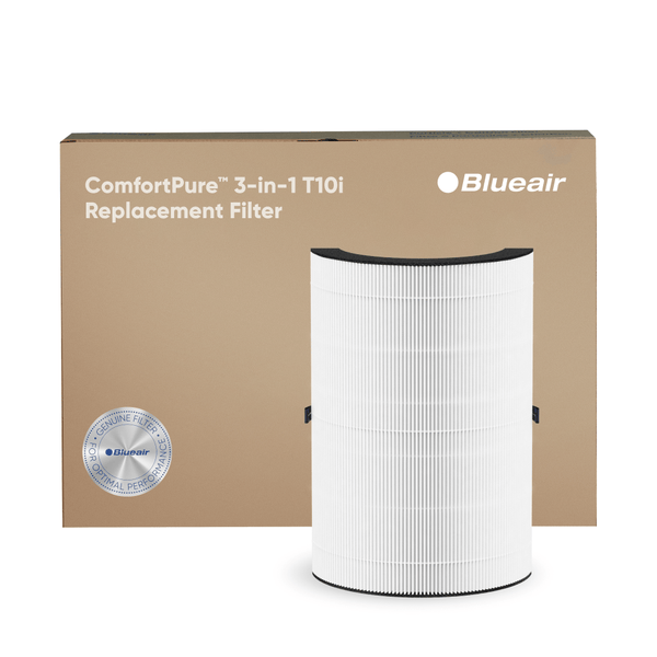 Blueair air filter with packaging labeled 'ComfortPure 3-in-1 T101 Replacement Filter'.