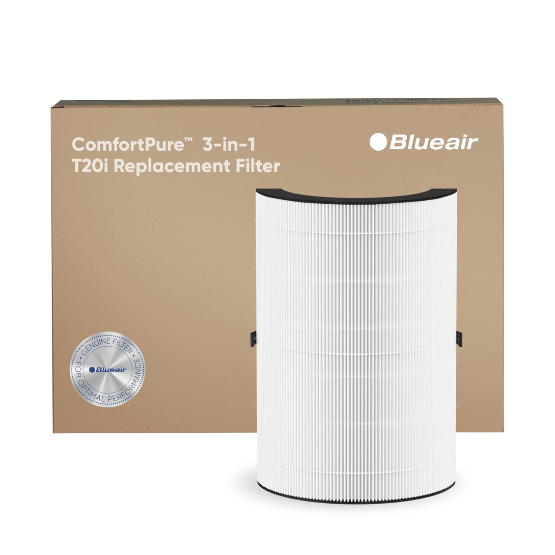 Blueair ComfortPure 3-in-1 T20i replacement filter with packaging on a white background