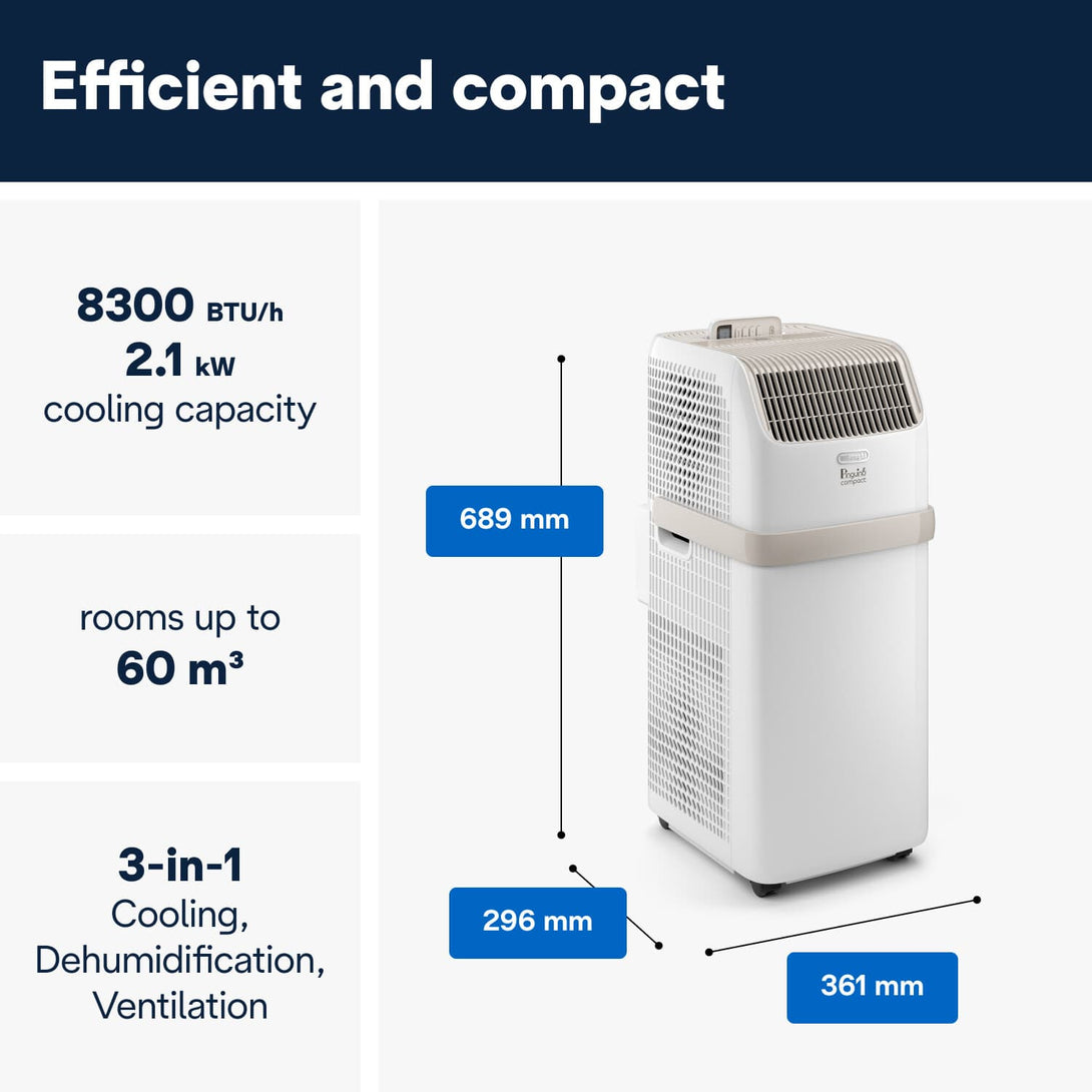 De'Longhi Pinguino Compact PACES72 Classic Portable Air Conditioner & Dehumidifier Dimentions - Aerify