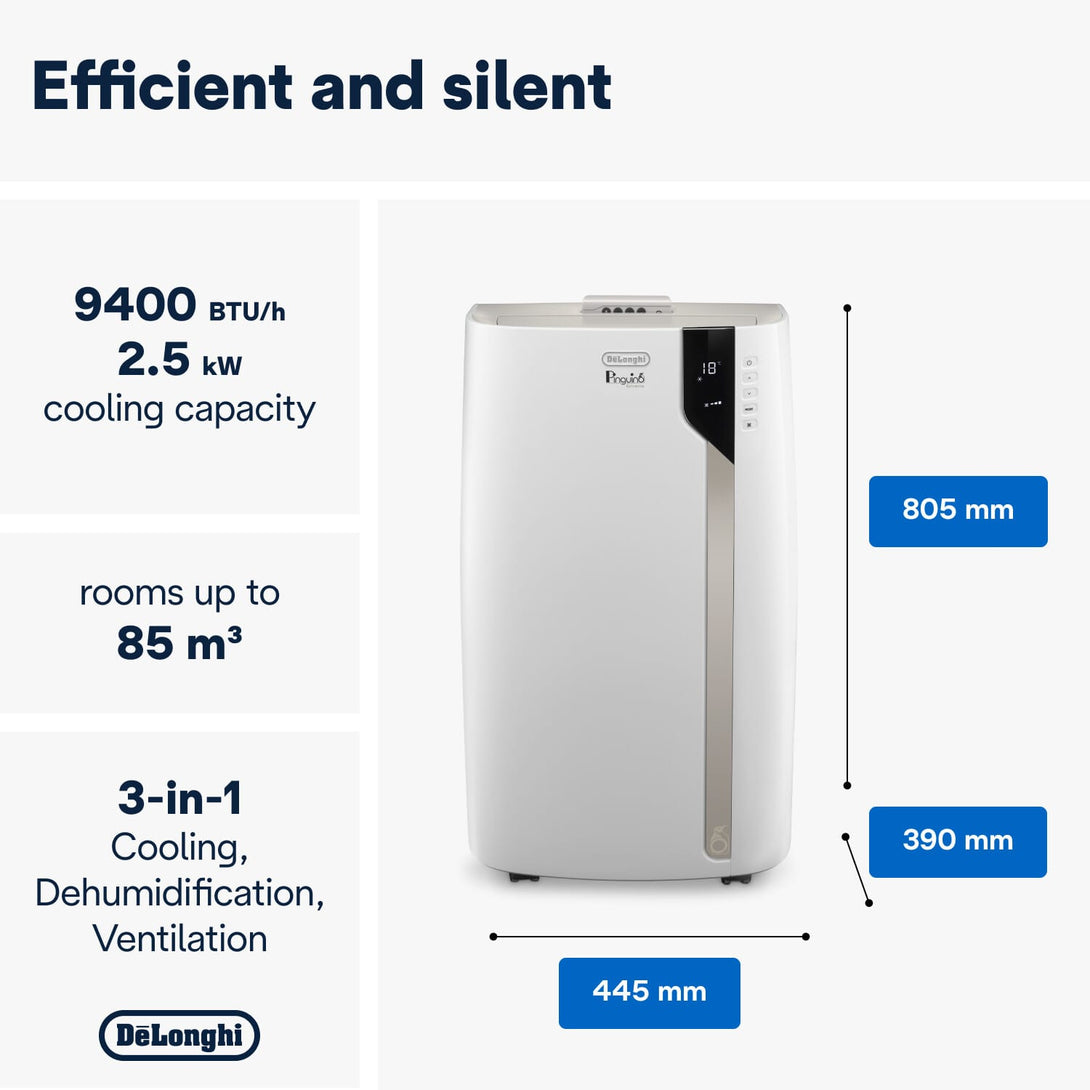 De'Longhi Pinguino PACEM90 Silent Portable Air Conditioner & Dehumidifier Dimentions - Aerify