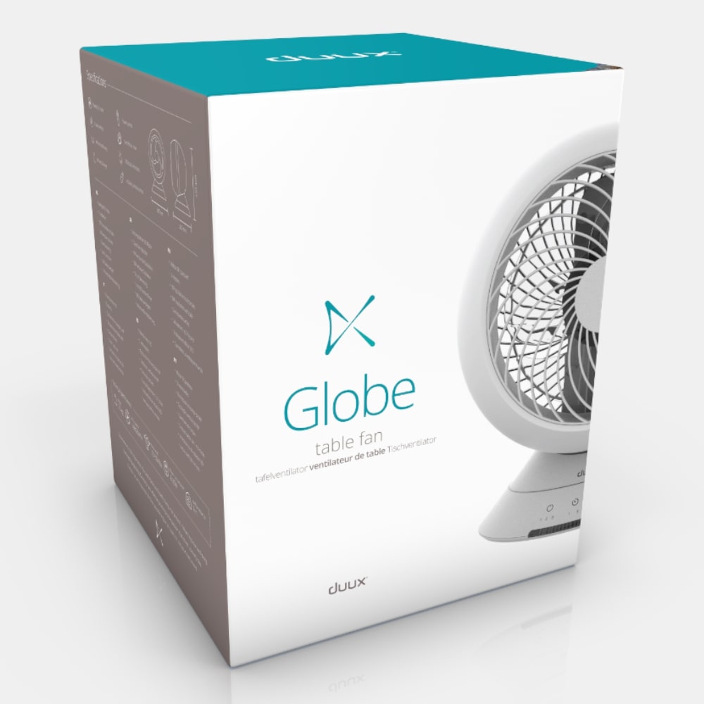 Duux Globe Table Fan White Retail Packaging - Aerify
