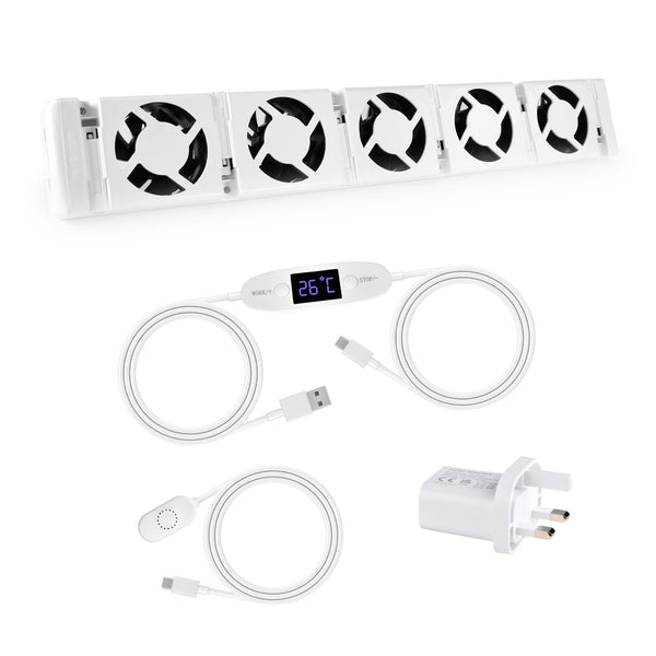White electronic device with fans, digital thermometer, and cables on a white background