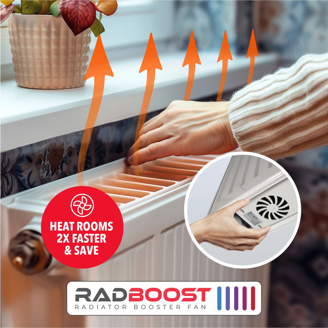 RADBOOST radiator booster fan with text 'Heat rooms 2x faster & save' and a hand holding the fan.