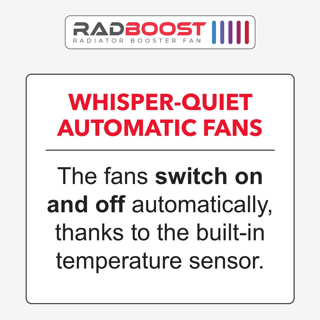 RadBoost radiator booster fan with text about whisper-quiet automatic fans.