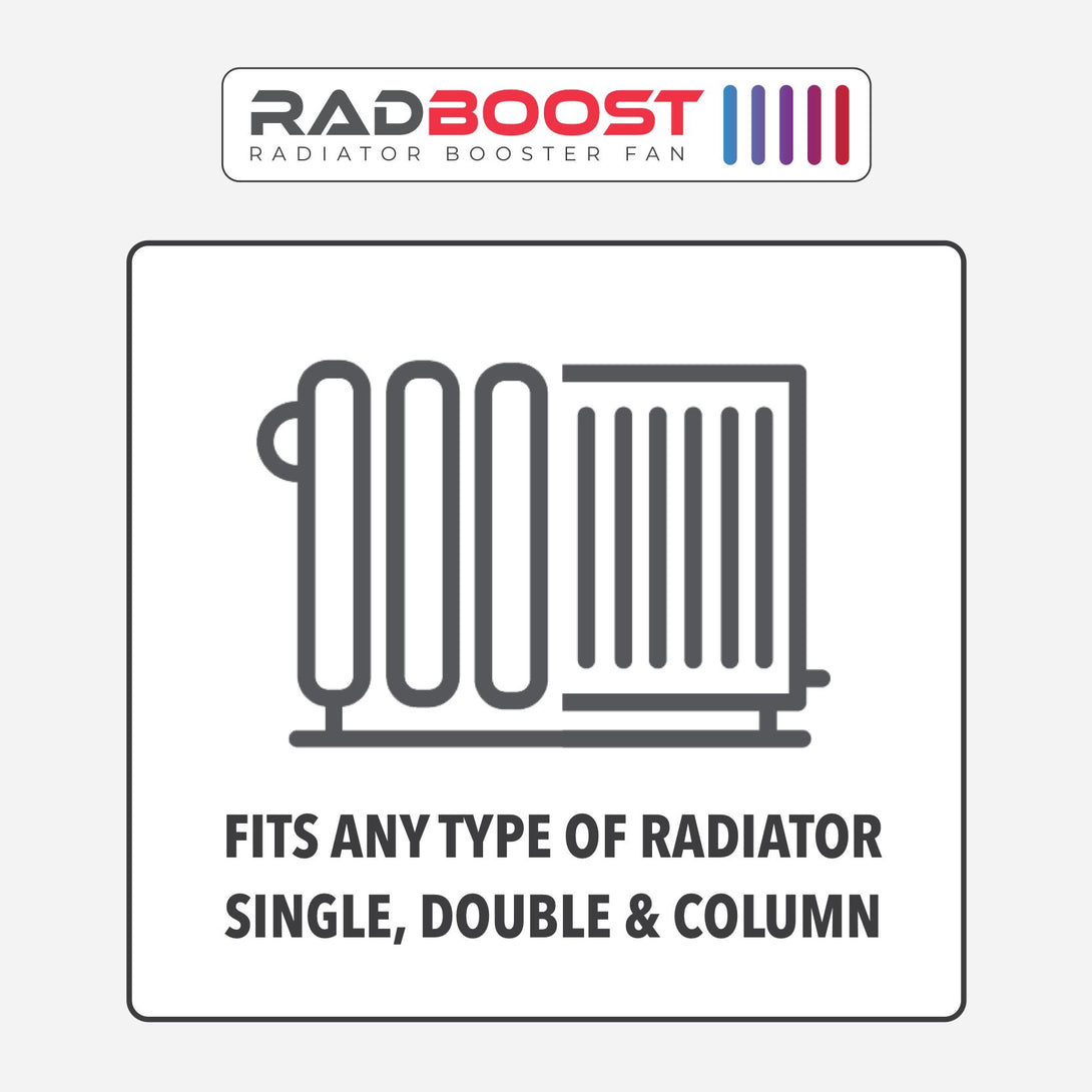 RADBOOST radiator booster fan logo with an illustration of a radiator on a white background